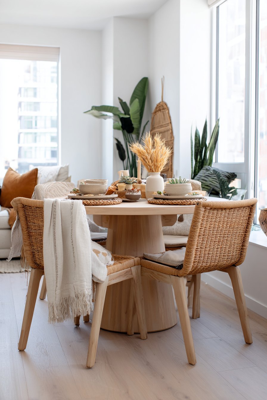 Esszimmer im Boho Style mit Holzmöbeln, Pflanzen und gedecktem Tisch