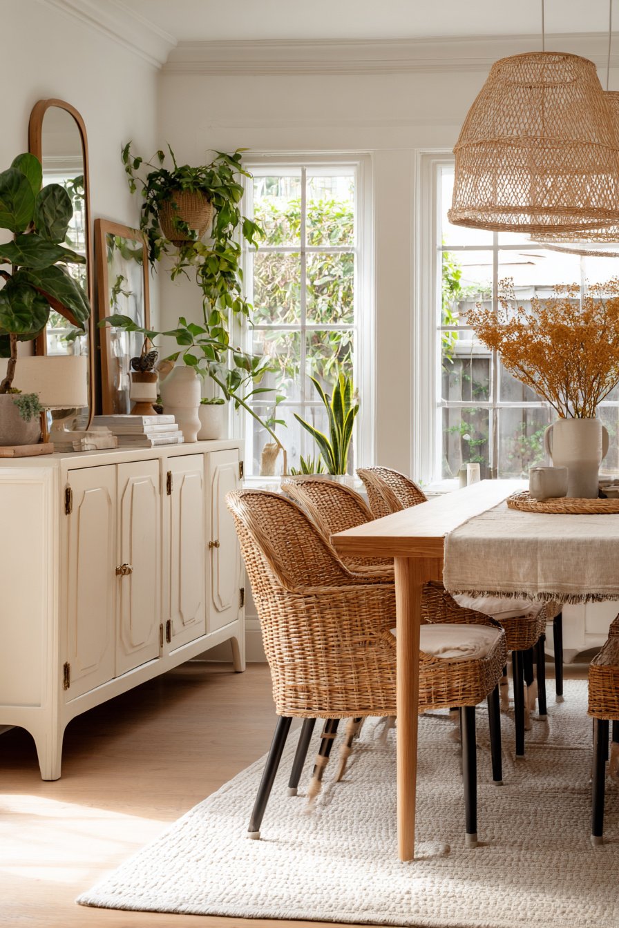 Lichtdurchflutetes Esszimmer mit Rattanmöbeln, Pflanzen und Naturdeko im Boho-Stil