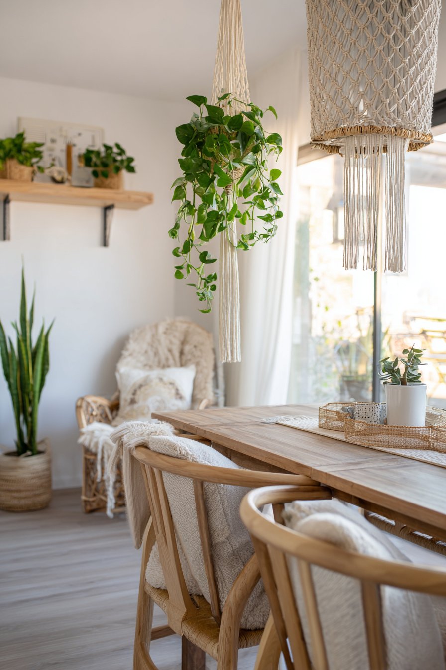 Esszimmer im Boho Style mit Holzmöbeln, Hängepflanzen und Makramee-Deko