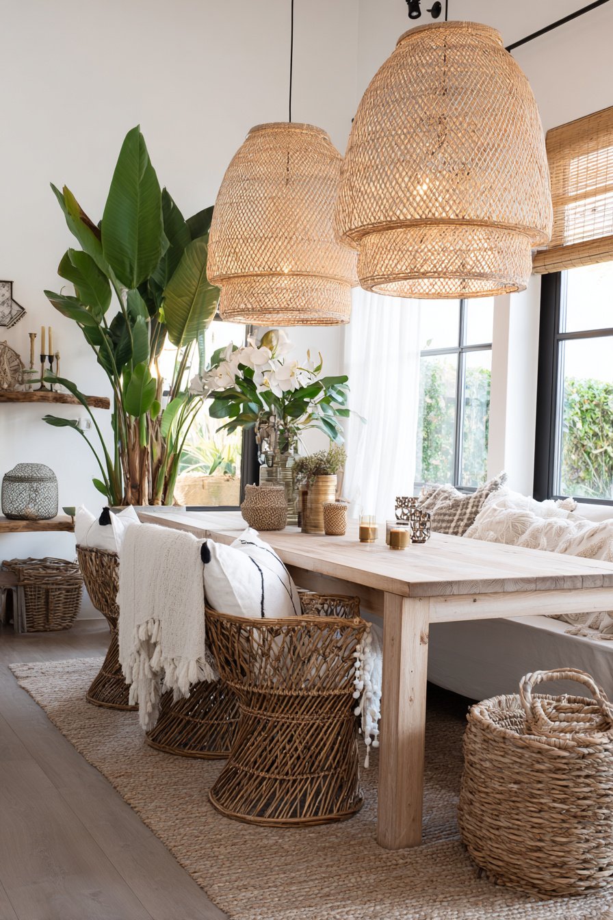 Esszimmer im Boho-Stil mit Rattanmöbeln, Pflanzen und warmen Naturtönen