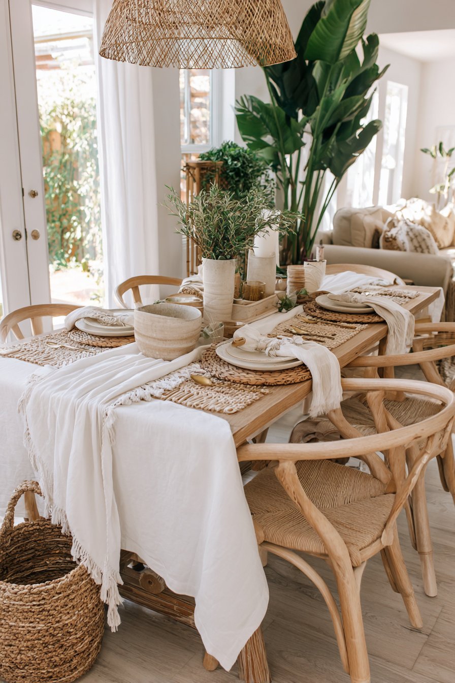 Lichtdurchflutetes Esszimmer im Boho Style mit Naturmaterialien und gedecktem Holztisch
