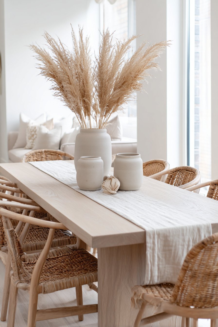 Esszimmer mit hellen Naturtönen, Pampasgras und Rattanstühlen im Boho-Stil