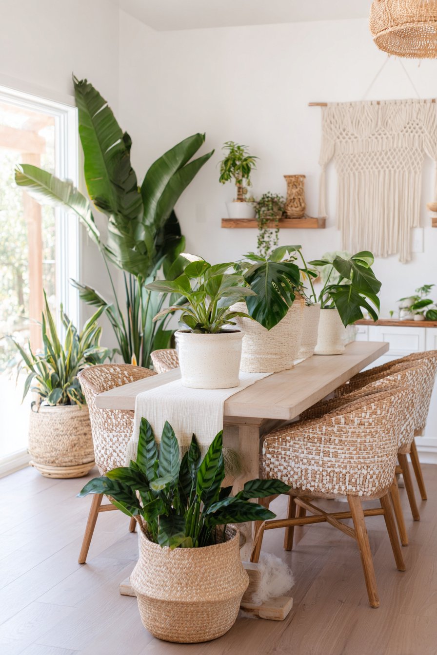 Boho-Esszimmer mit vielen Grünpflanzen, Korbstühlen und Makramee-Deko