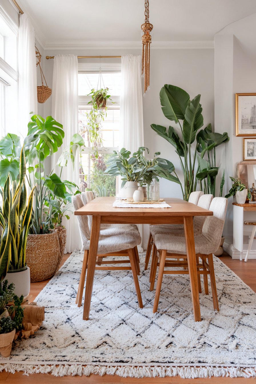 Gemütliches Esszimmer im Boho-Stil mit Holztisch, hellen Stühlen, vielen Zimmerpflanzen und hellem Teppich