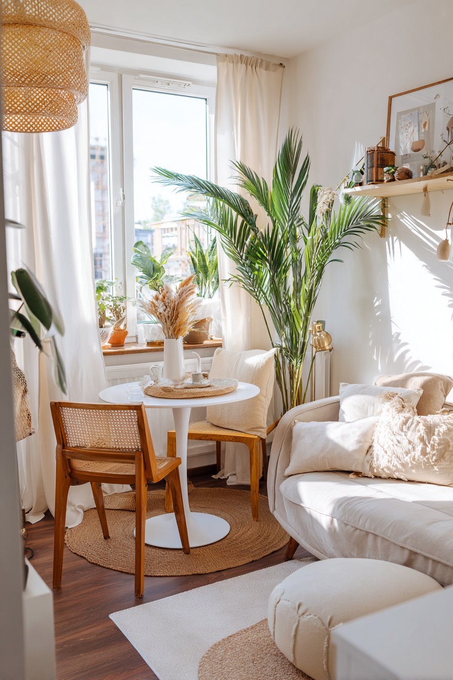 Helles, gemütliches Wohnzimmer mit kleinem runden Esstisch, Holzstühlen und vielen Pflanzen