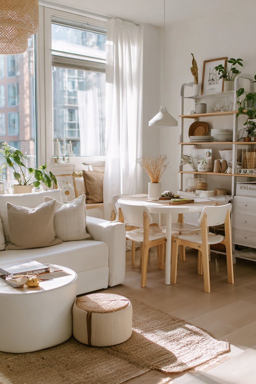 Helles kleines Wohnzimmer mit gemütlicher Sitzecke und rundem Esstisch