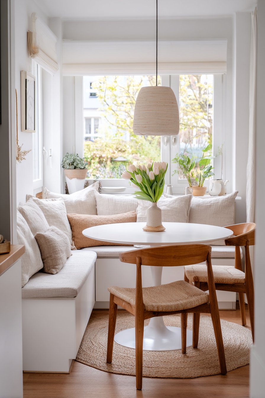 Heller Essbereich mit runder Bank, weißen Kissen und Holzmöbeln vor einem Fenster