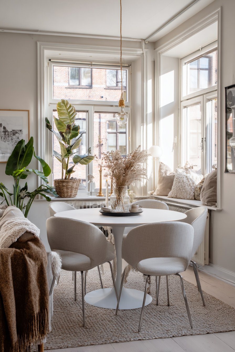 Heller Essbereich in einem kleinen Wohnzimmer mit runden Tisch, Polsterstühlen und vielen Pflanzen