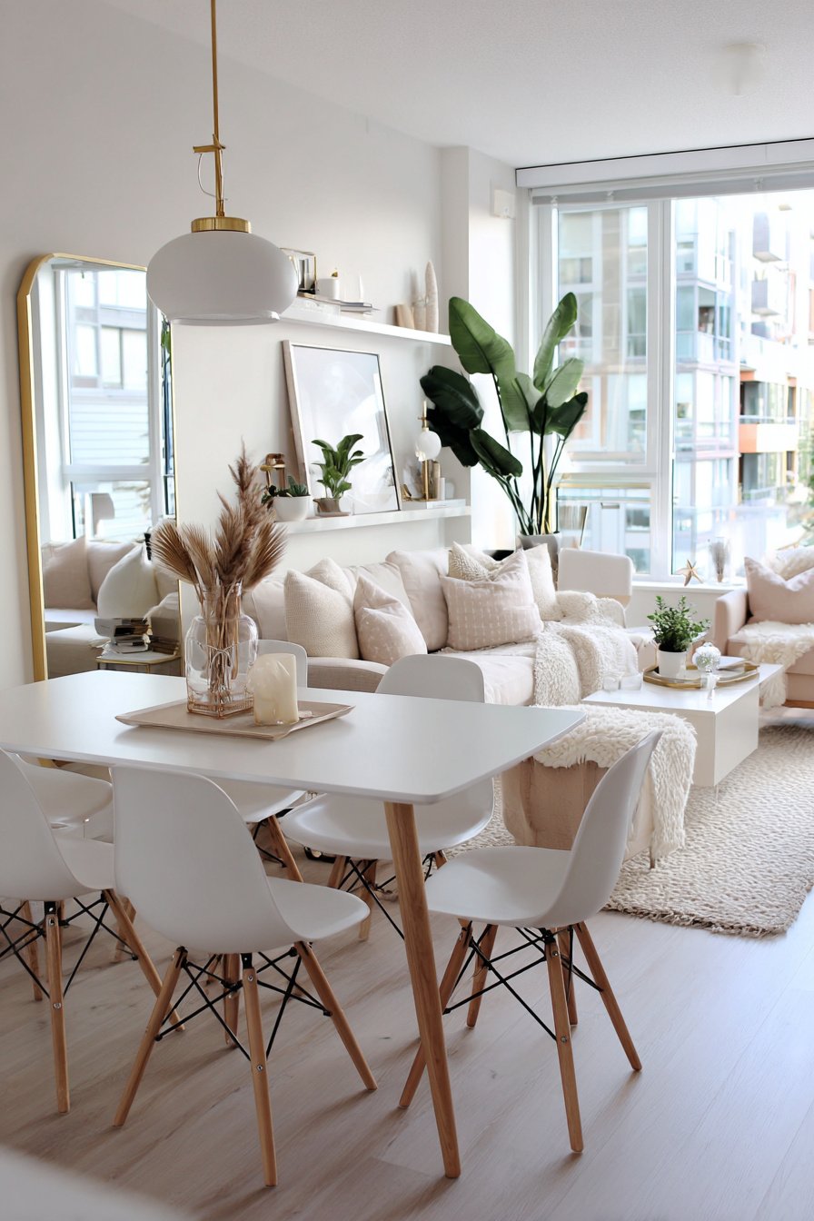 Modern eingerichtetes kleines Wohnzimmer mit weißem Esstisch und beigen Akzenten