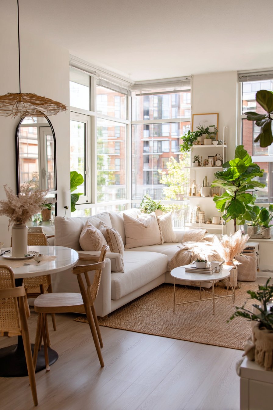 Helles kleines Wohnzimmer mit gemütlicher Sitzecke und rundem Esstisch