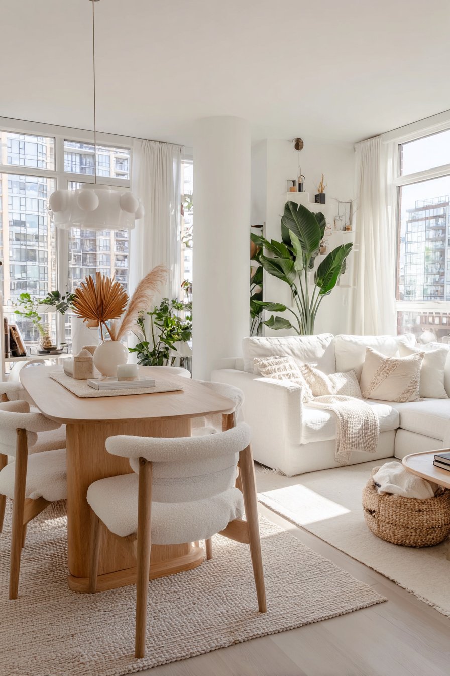 Helles Wohn- und Esszimmer mit modernen Möbeln, Pflanzen und natürlichen Farben