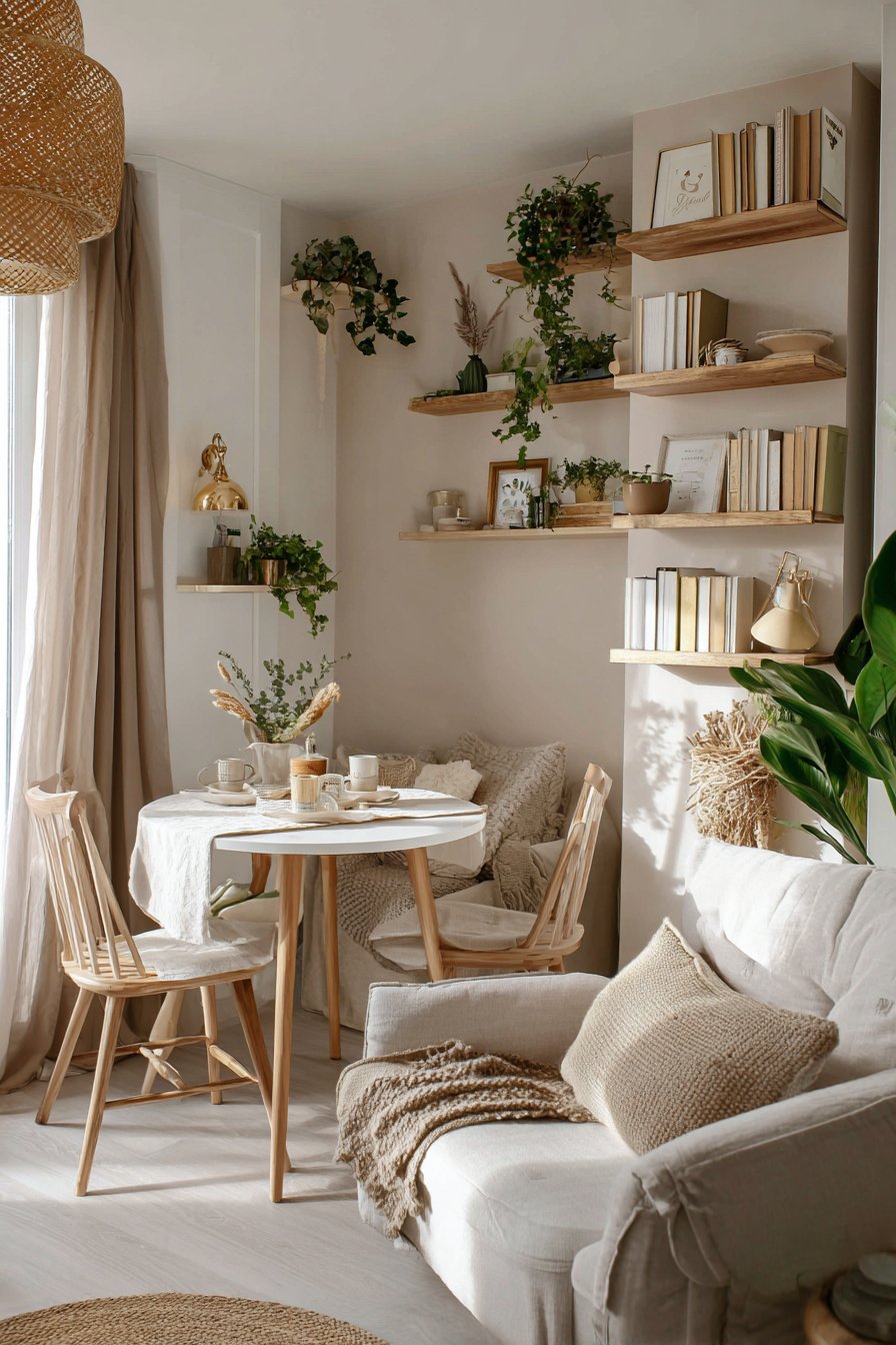 Helles kleines Wohnzimmer mit rundem Esstisch, Holzregalen und Pflanzen
