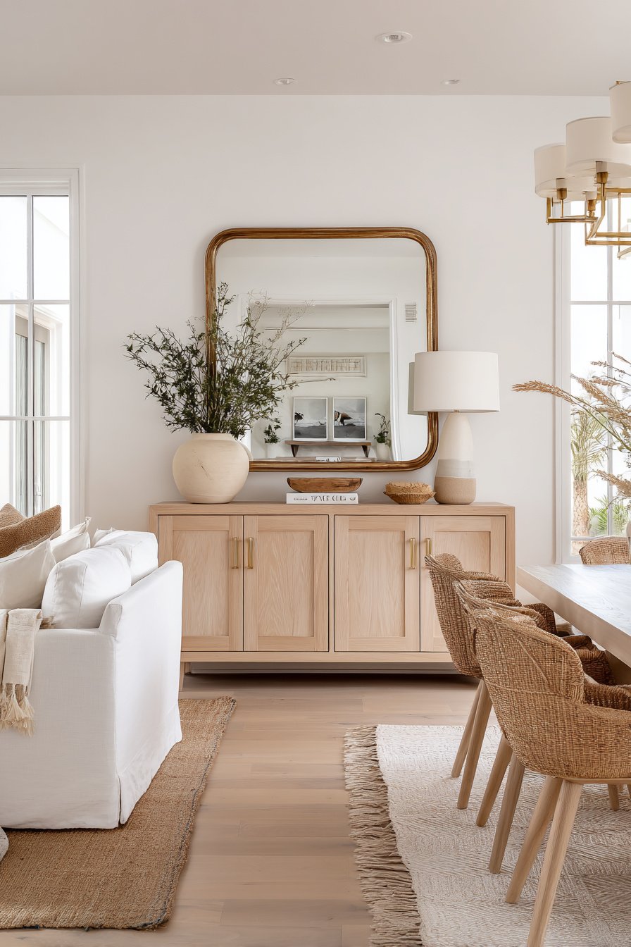 Helles kleines Wohnzimmer mit Essbereich in Naturtönen, geflochtenen Stühlen und großem Wandspiegel