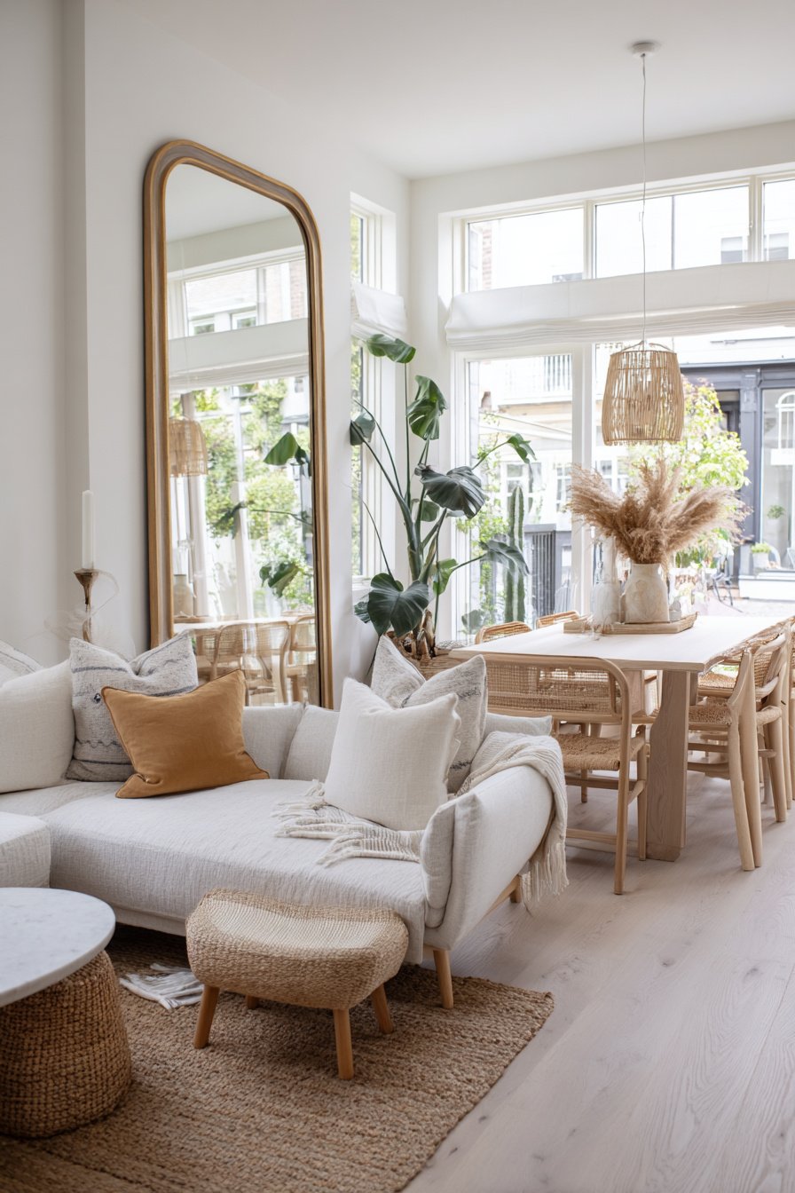 Helles Wohnzimmer mit Sofa und Essbereich aus Naturmaterialien