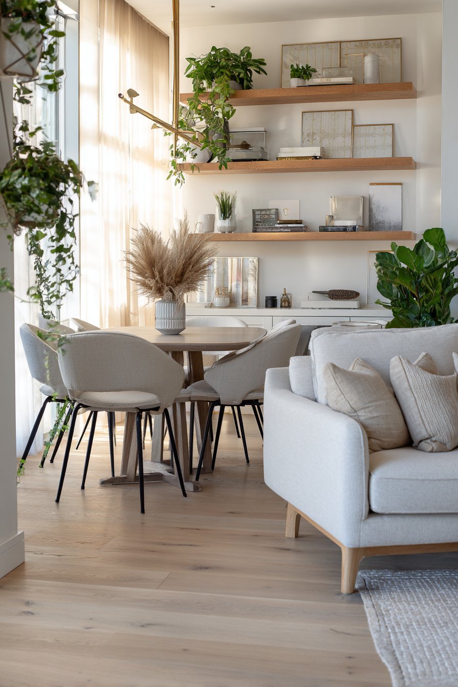 Kleines Wohnzimmer mit hellen Möbeln, Essbereich und offener Wandgestaltung mit Pflanzen