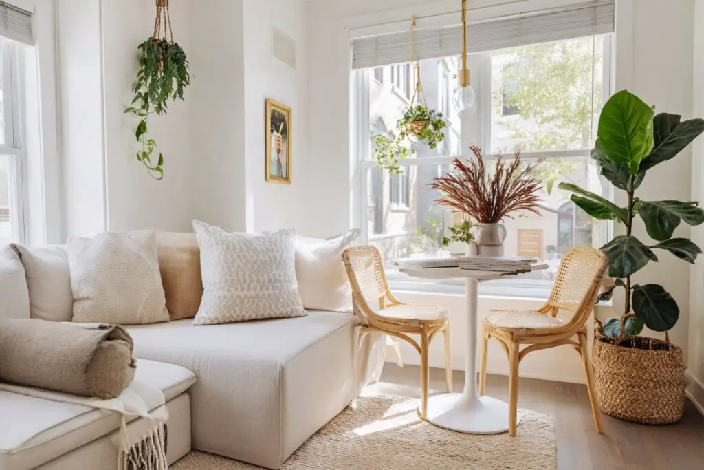 Helles kleines Wohnzimmer mit Essbereich am Fenster, Holzstühlen und Zimmerpflanzen