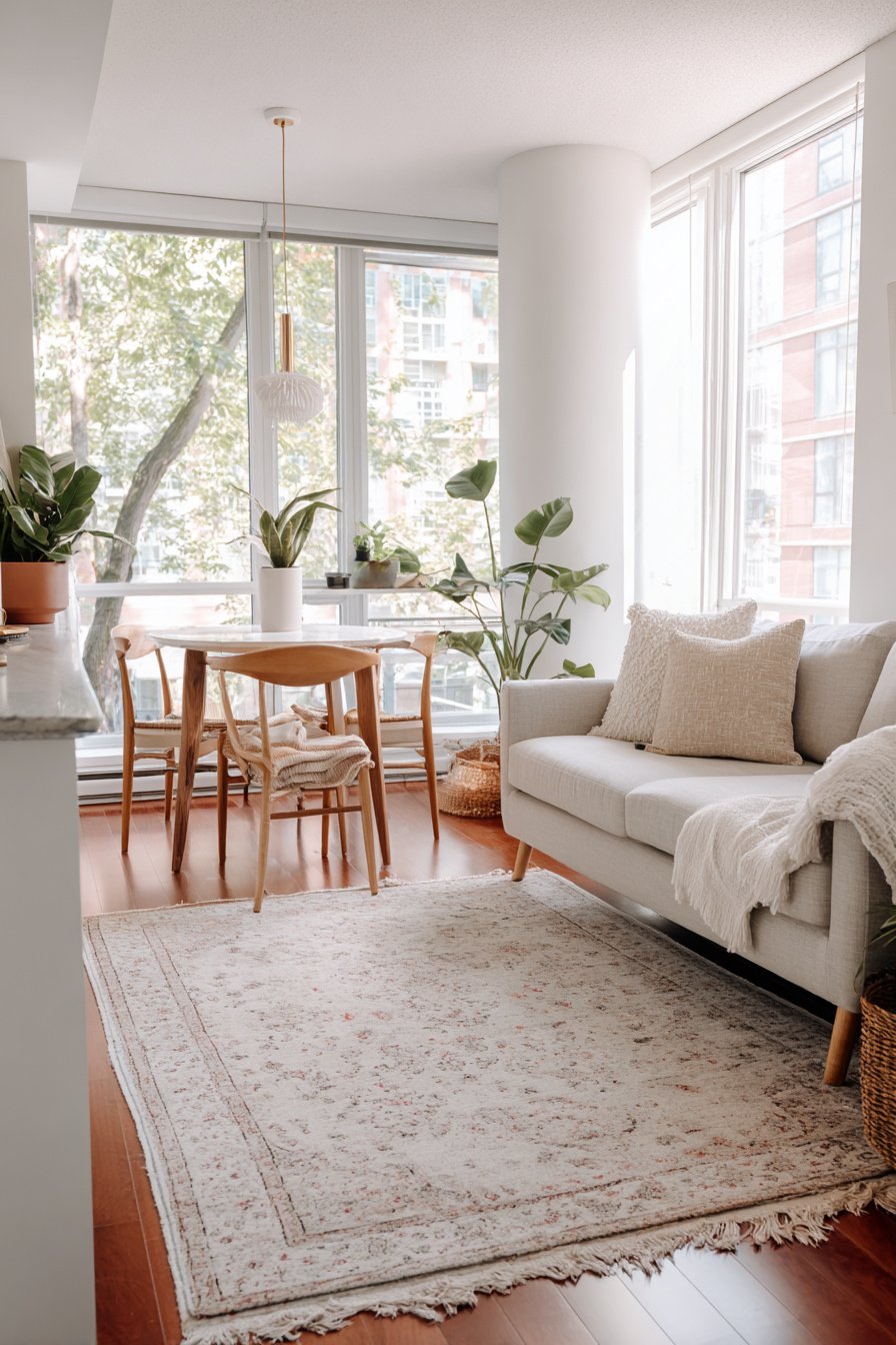 Helles Wohnzimmer mit Essbereich, Holztisch, Sofa und Zimmerpflanzen