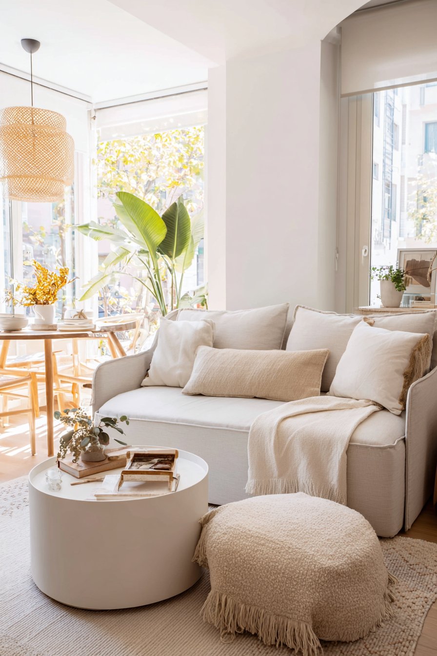 Helles kleines Wohnzimmer mit Sofa, runder Kaffeetisch, Essbereich und großen Pflanzen