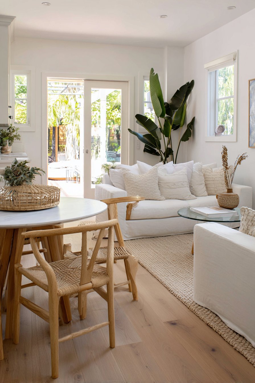 Helles Wohnzimmer mit Essbereich, Holzboden, weißen Möbeln und großen Pflanzen