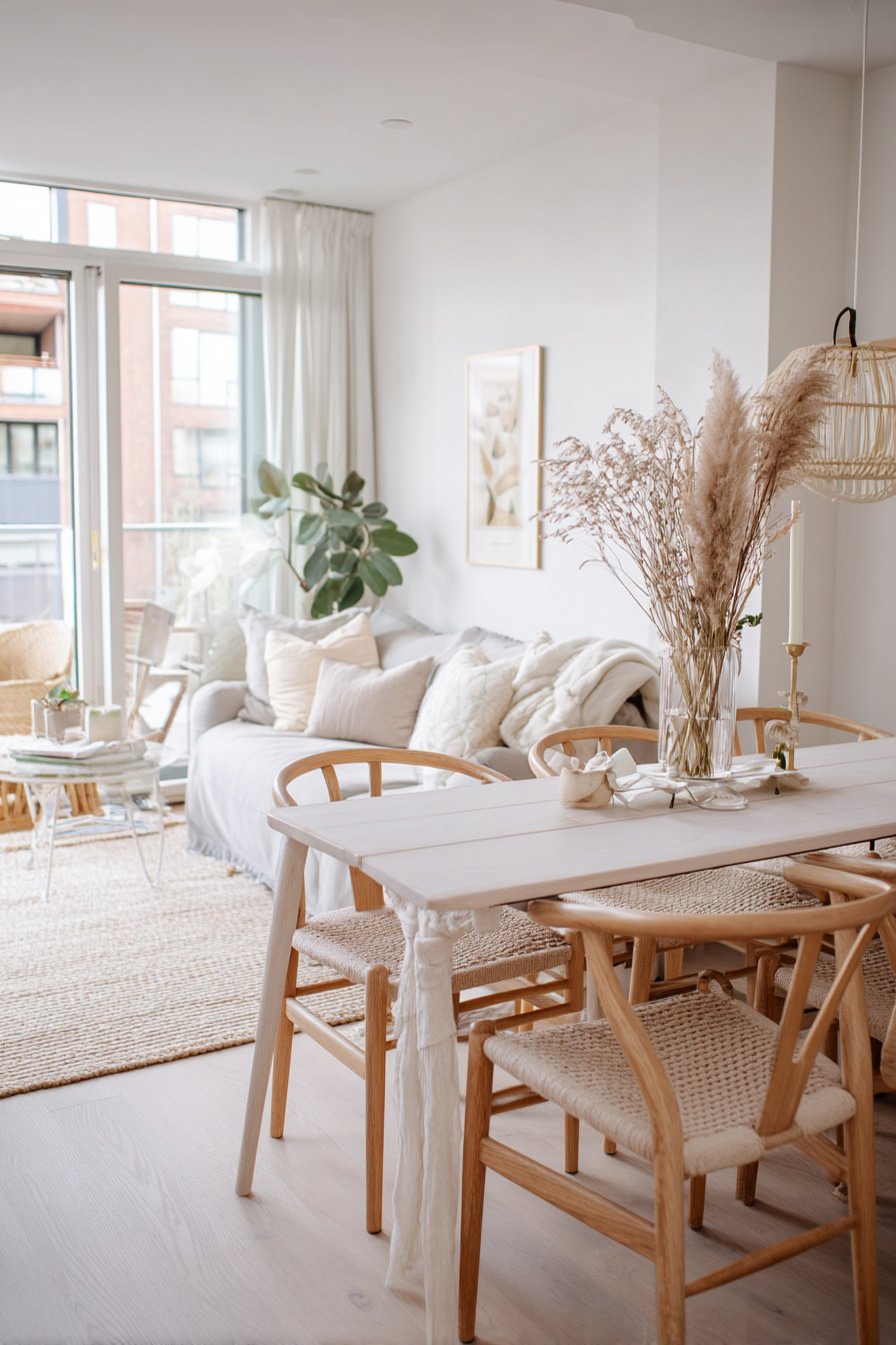 Helles kleines Wohnzimmer mit Essbereich in natürlichen Tönen und Holzdetails