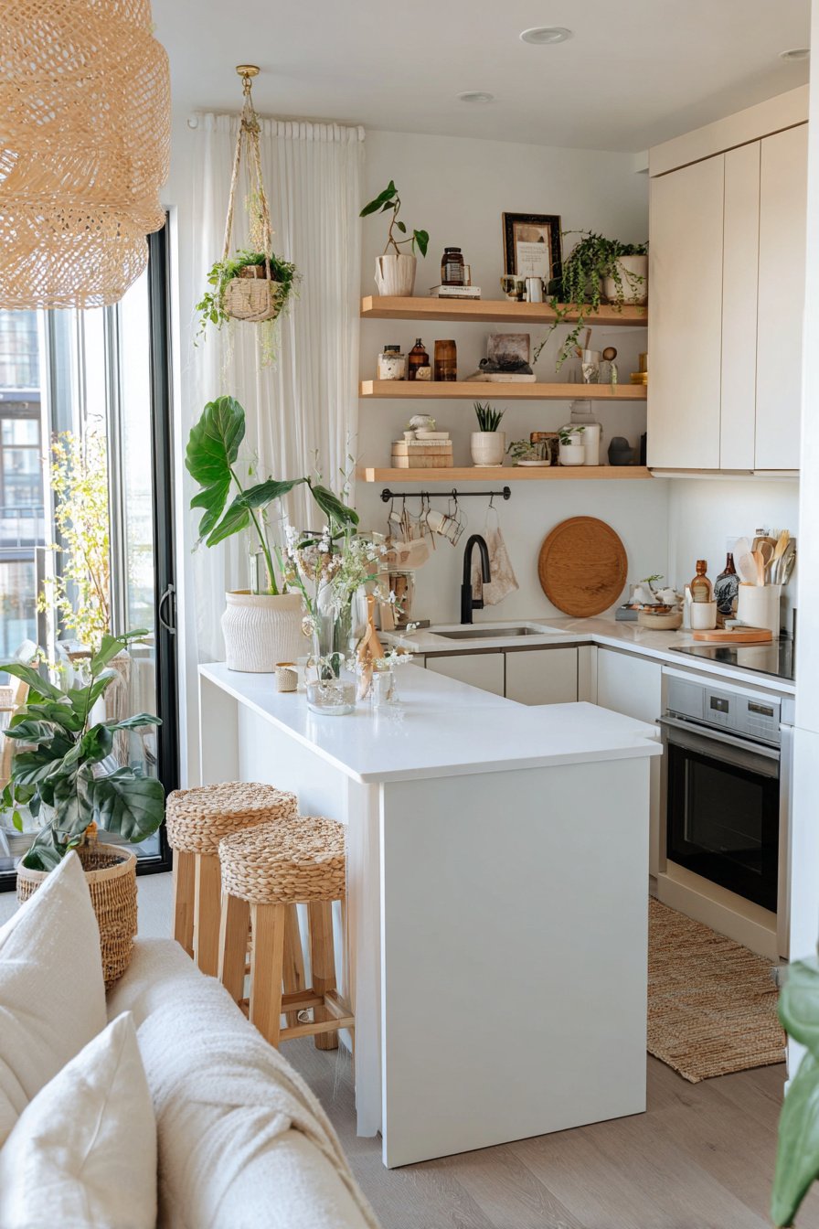 Helles kleines Wohnzimmer mit integrierter Küche, Barhockern und vielen Pflanzen