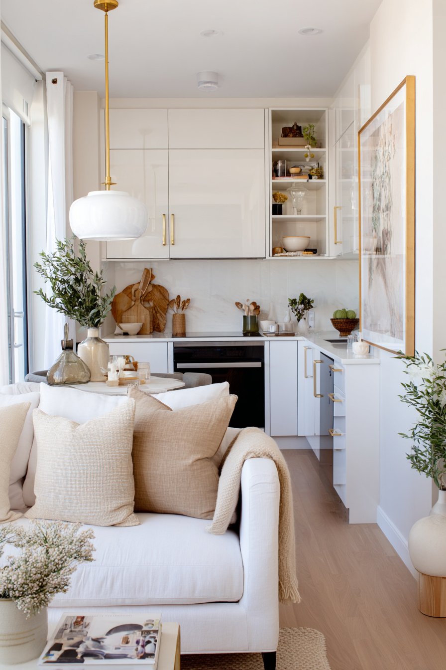Kleines, stilvoll eingerichtetes Wohnzimmer mit offener, moderner Küche in hellen Farben