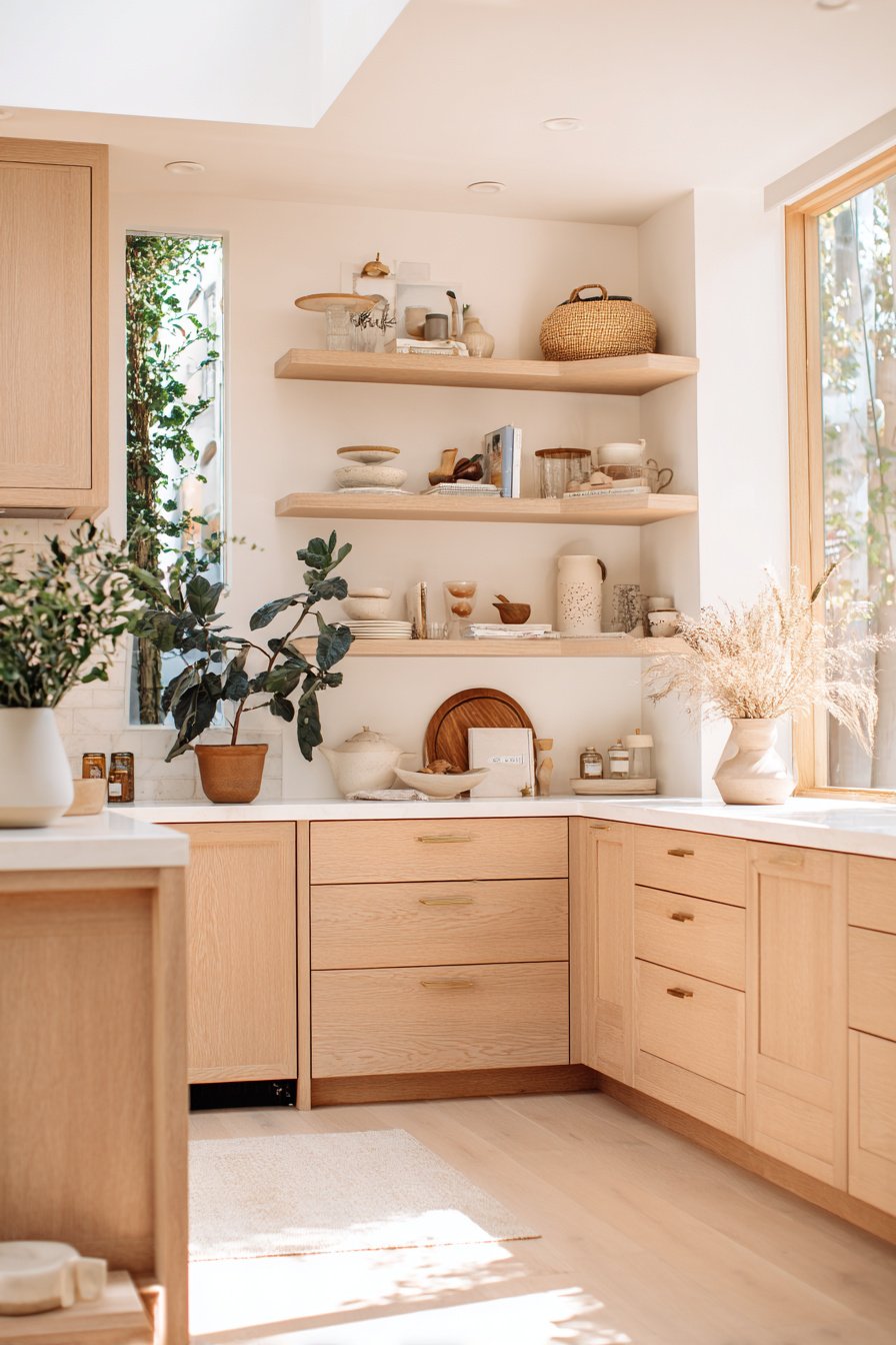 Helle, kleine Küche mit offenen Holzregalen und natürlicher Deko