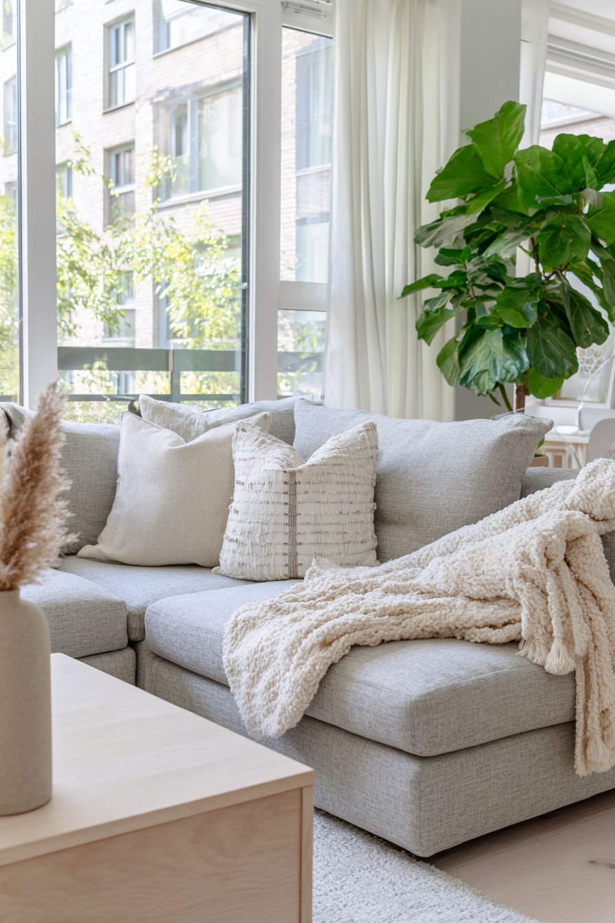 Modernes graues Sofa mit Kissen und Decke vor großen Fenstern mit Vorhängen und grüner Pflanze