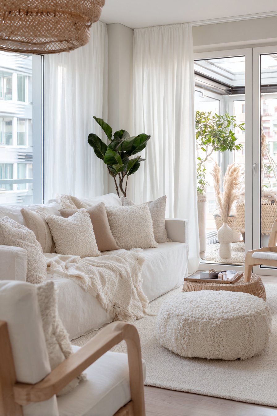 Modernes Wohnzimmer in Beige mit gemütlicher Deko, Pflanzen und Textilien