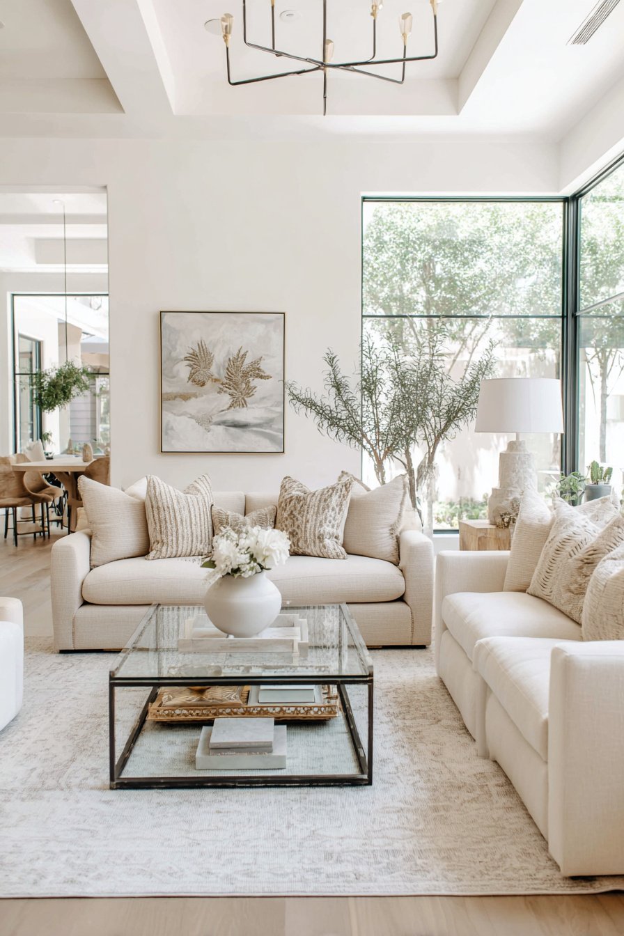 Helles, modernes Wohnzimmer in Beigenuancen mit Sofas, Glastisch und Naturdeko