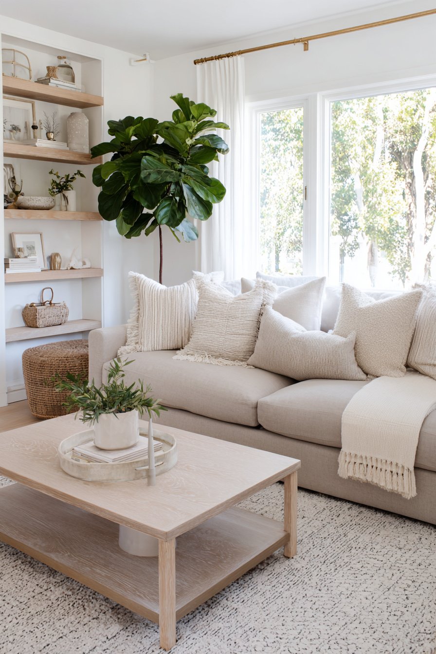 Helles, modernes Wohnzimmer mit beigefarbenem Sofa, Kissen und Holzmöbeln