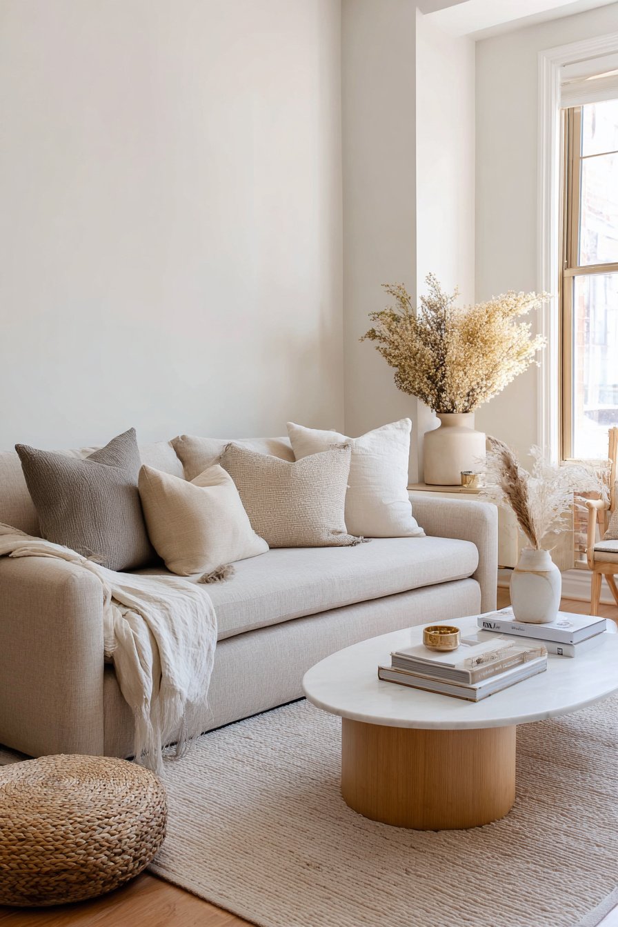 Modernes Wohnzimmer in Beige mit Sofa, Deko und hellen Holztönen