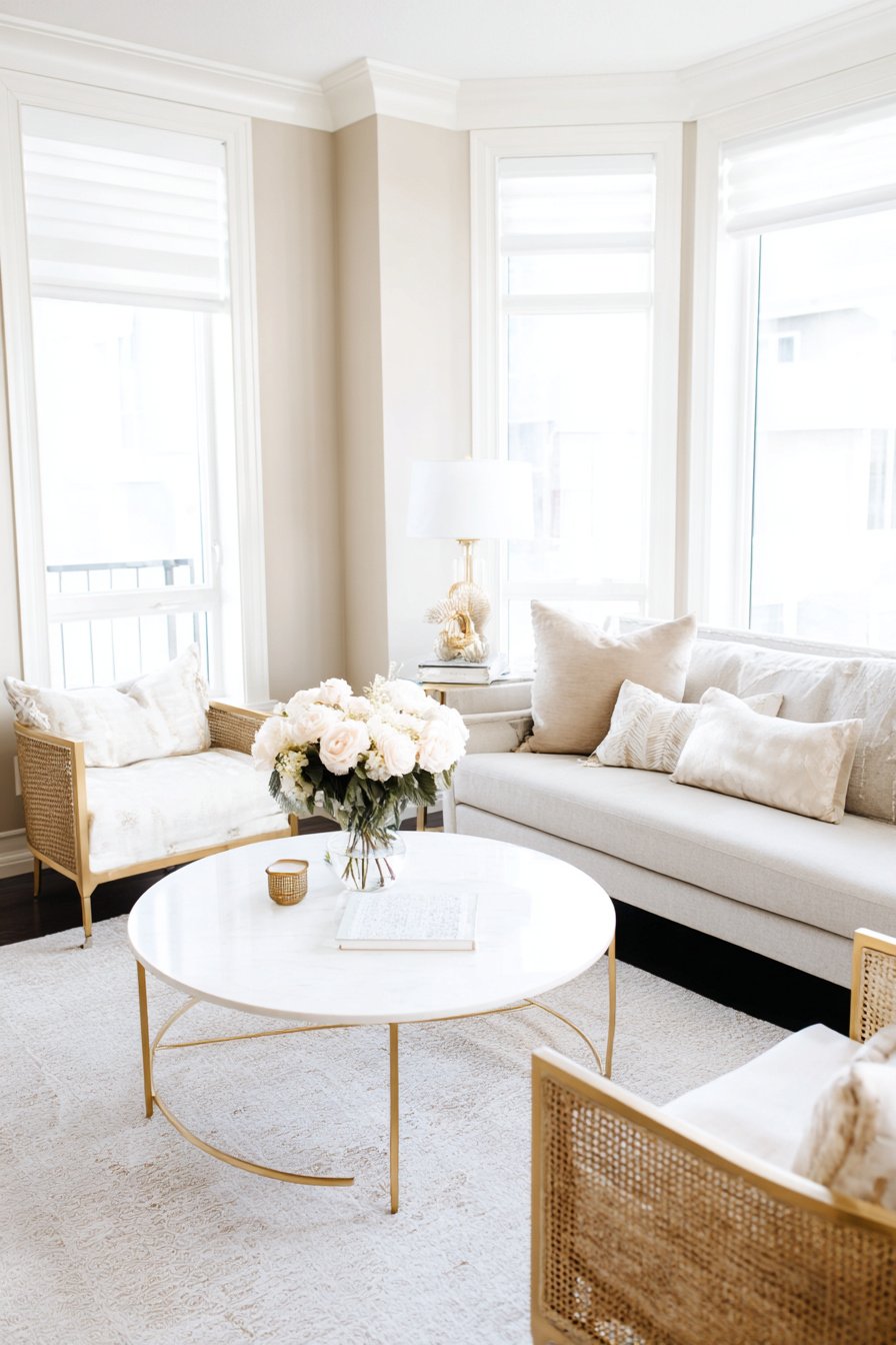 Modern eingerichtetes Wohnzimmer in Beige mit hellem Sofa und runder Tischdekoration