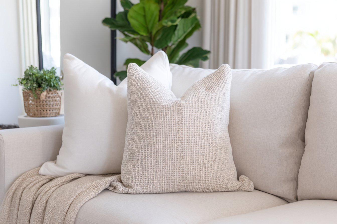 Beige Kissen auf heller Couch im modernen Wohnzimmer