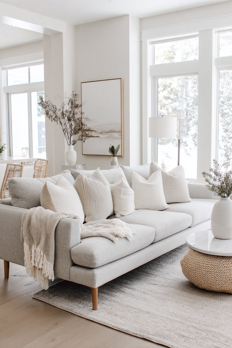 Helles Wohnzimmer mit grauem Sofa, weißen Kissen und Naturdeko