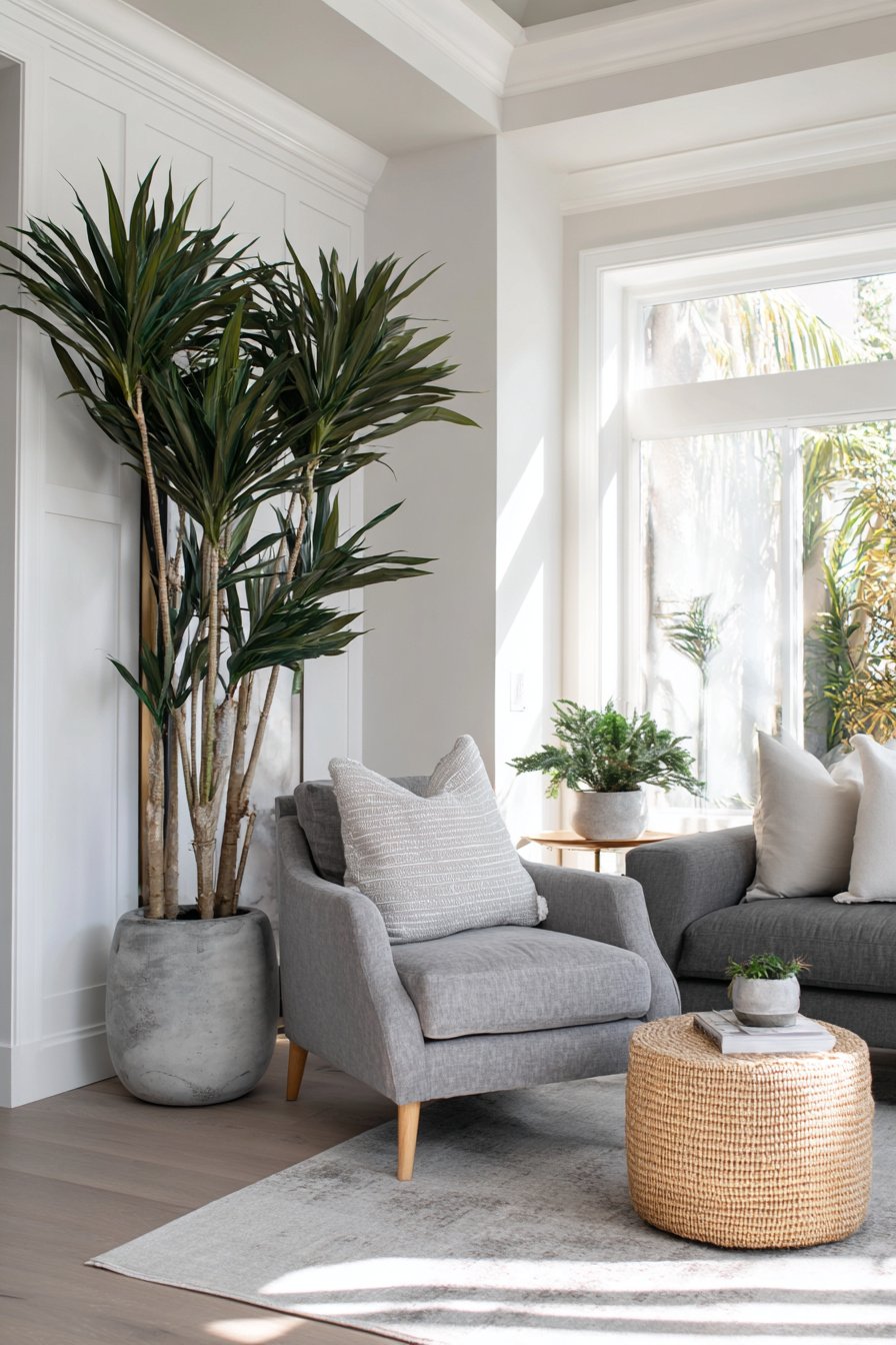 Modernes graues Wohnzimmer mit Sessel, Sofa, Pflanzen und natürlichem Licht