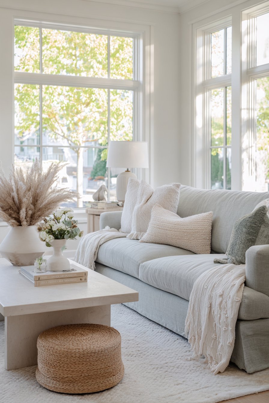 Helles Wohnzimmer mit grauem Sofa, Naturdeko und großen Fenstern