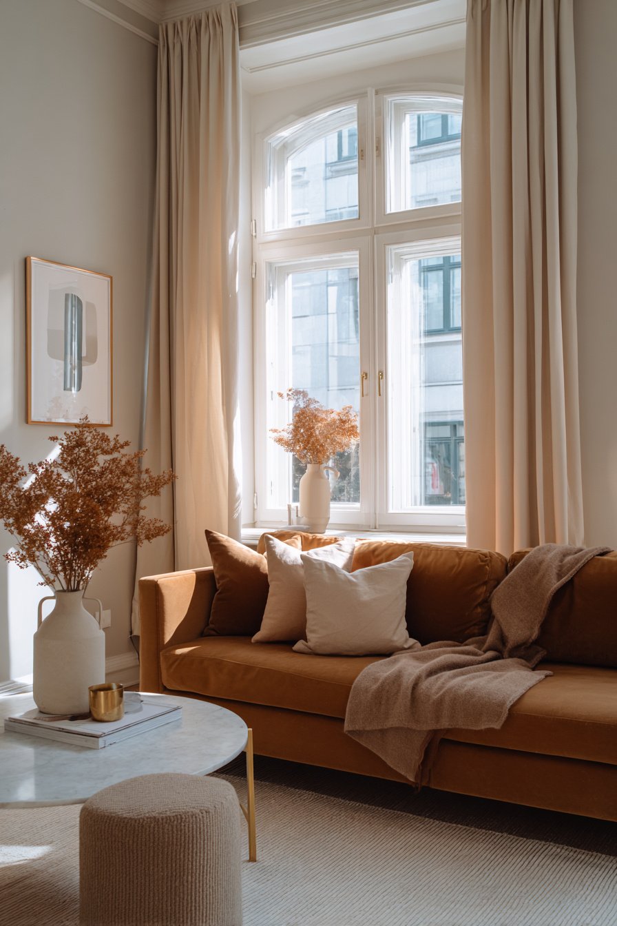 Modern eingerichtetes Wohnzimmer mit beiger Couch, hellen Vorhängen und natürlicher Deko