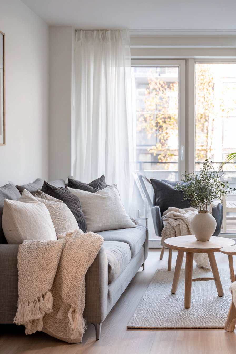 Helles, modernes Wohnzimmer mit grauem Sofa, hellen Kissen und Holztisch