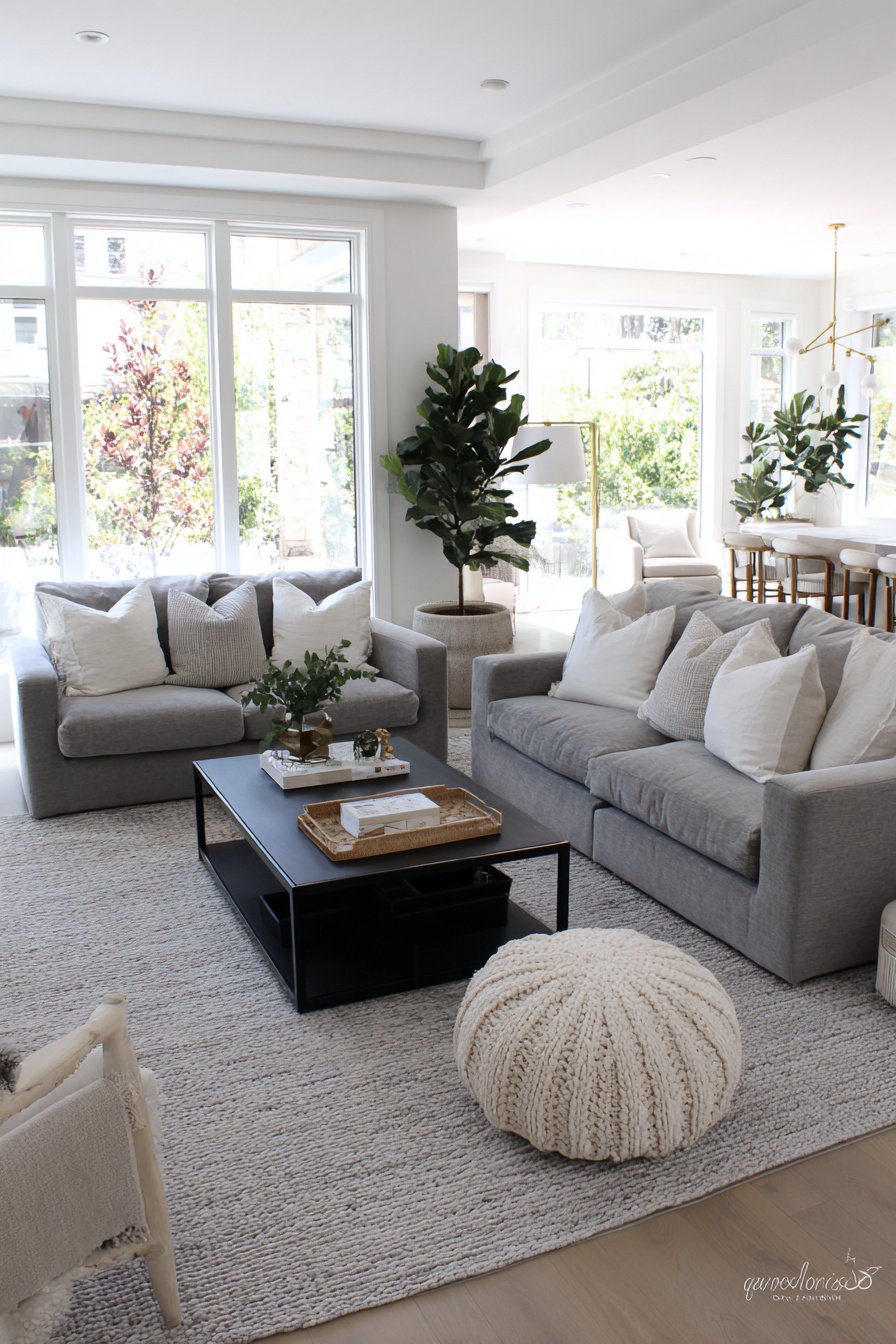 Helles modernes Wohnzimmer mit grauen Sofas, Teppich, großen Fenstern und grünen Pflanzen