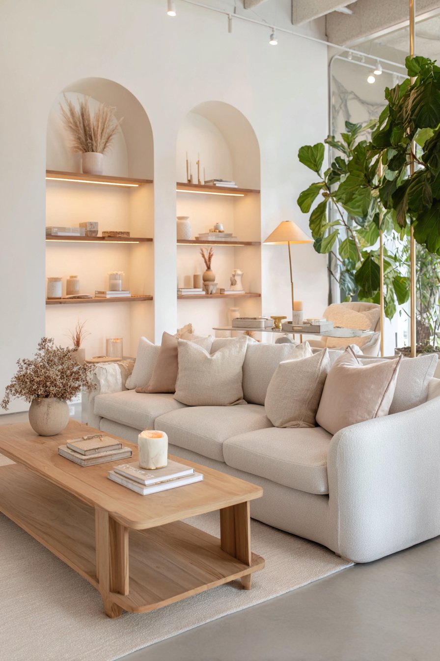 Helles Wohnzimmer mit beiger Couch, Holz-Couchtisch und dekorativer Regalnische mit Beleuchtung.