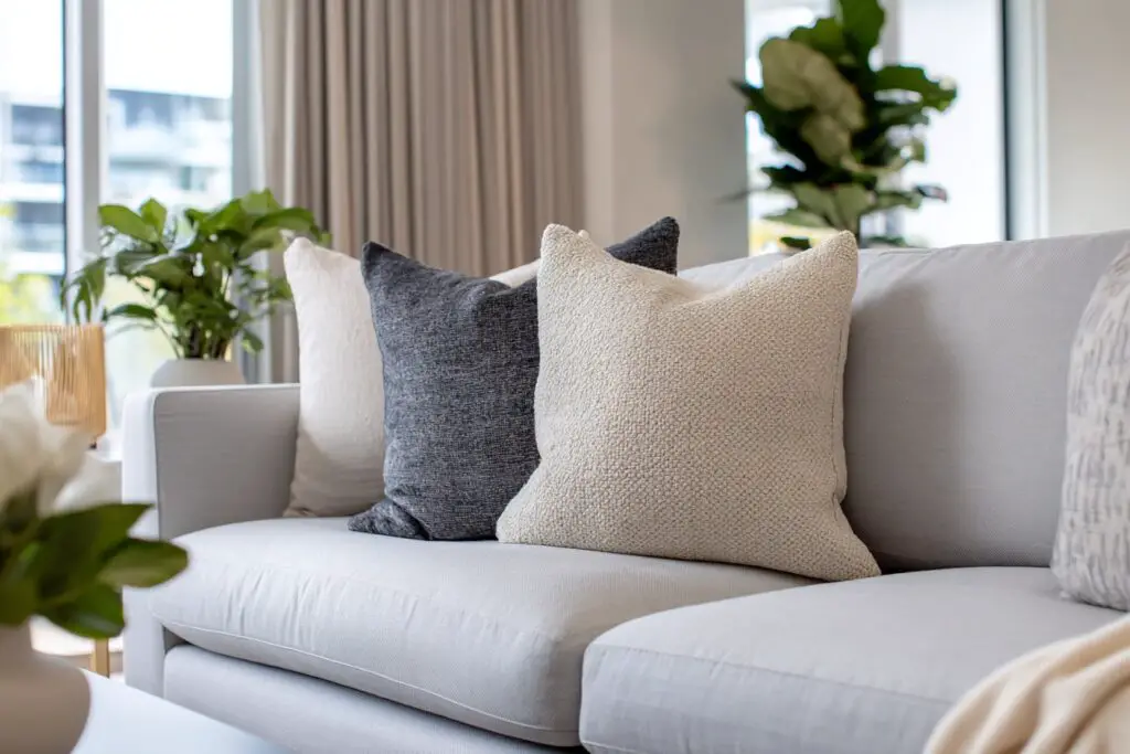 Graues Sofa mit dekorativen Kissen im modernen Wohnzimmer