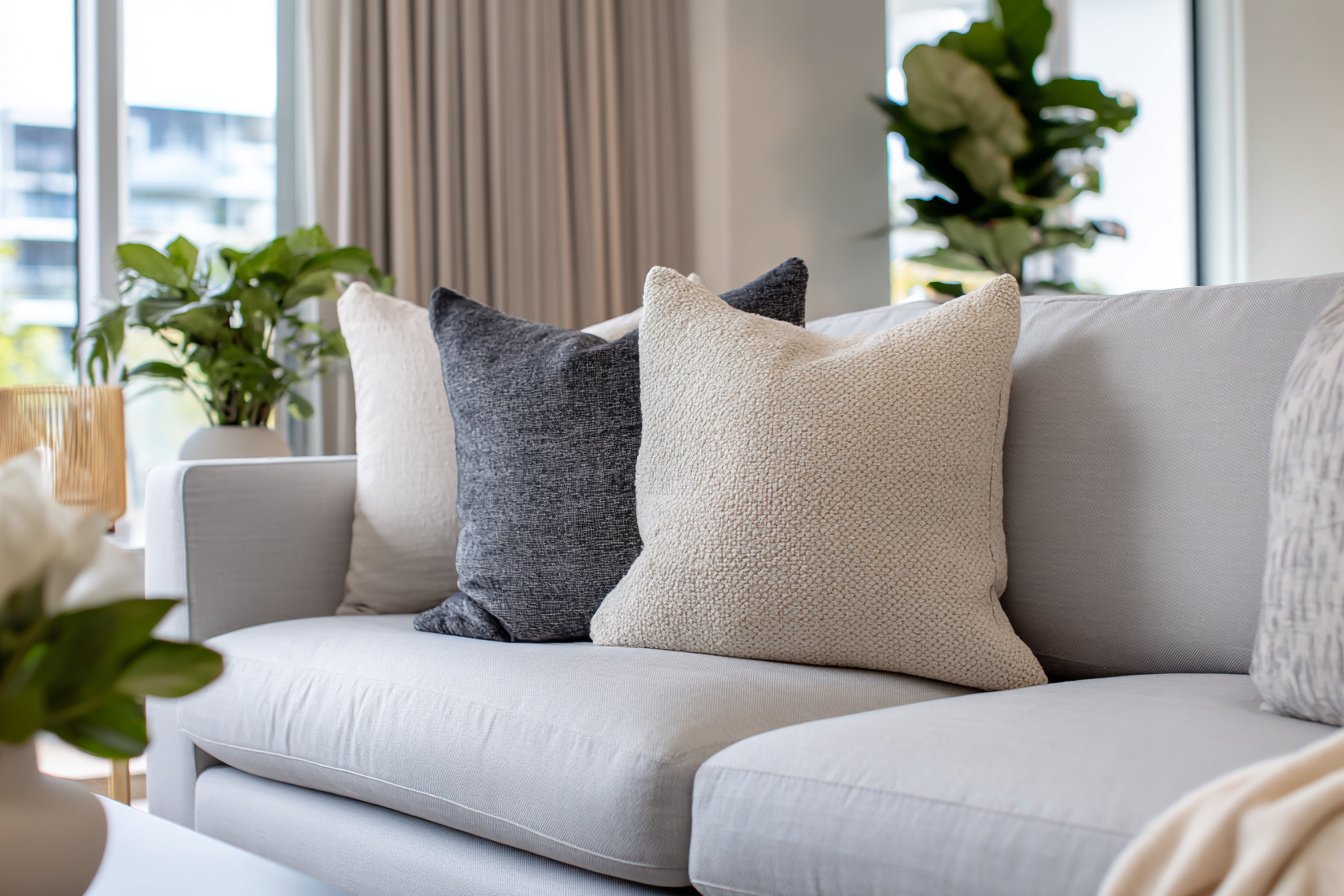 Graues Sofa mit dekorativen Kissen im modernen Wohnzimmer