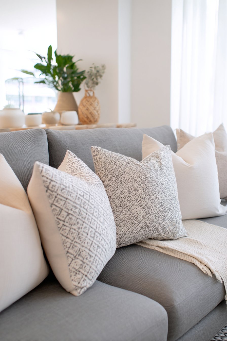 Graues Sofa mit gemusterten und cremefarbenen Kissen in modernem Wohnzimmer