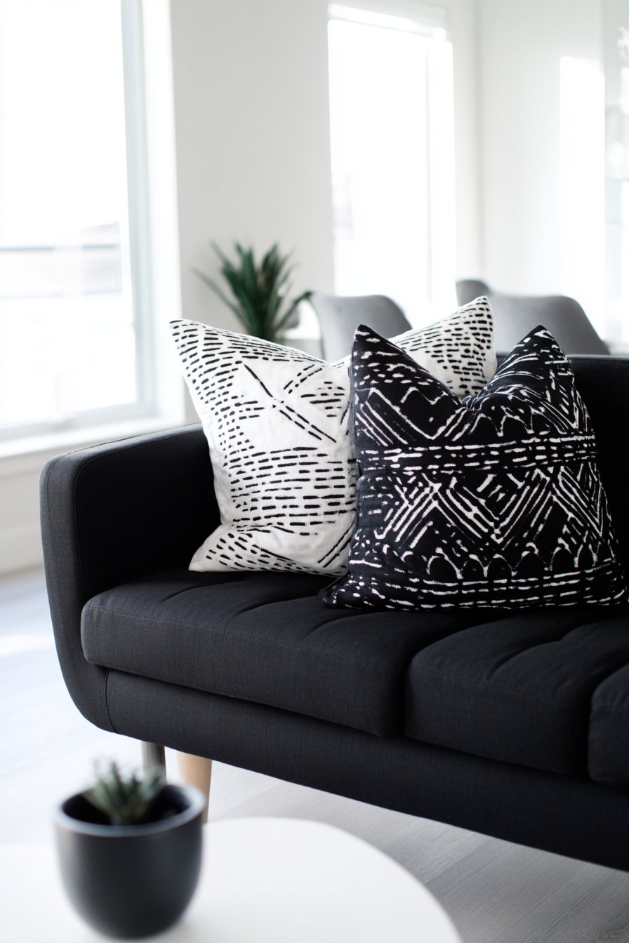 Schwarzes Sofa mit zwei gemusterten Kissen in Schwarz und Weiß