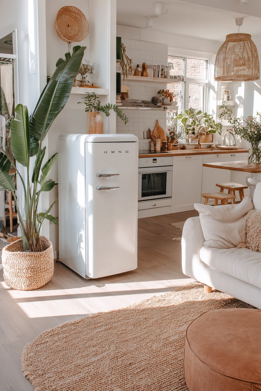 Helles kleines Wohnzimmer mit integrierter Küche im Boho-Stil