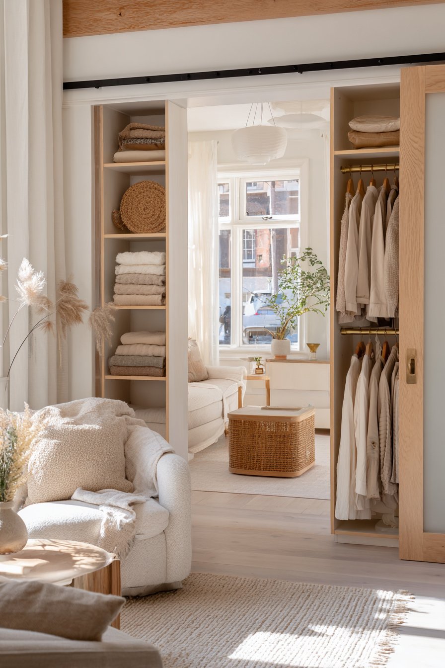 Helles, gemütliches Wohnzimmer mit offener Schranklösung und natürlichen Materialien