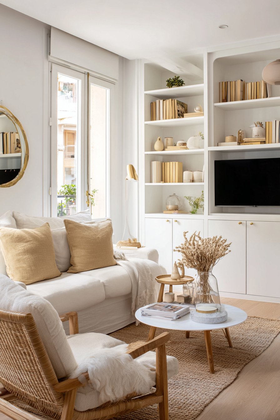 helles, gemütlich eingerichtetes kleines Wohnzimmer mit Sofa, Sessel und offener Regalwand