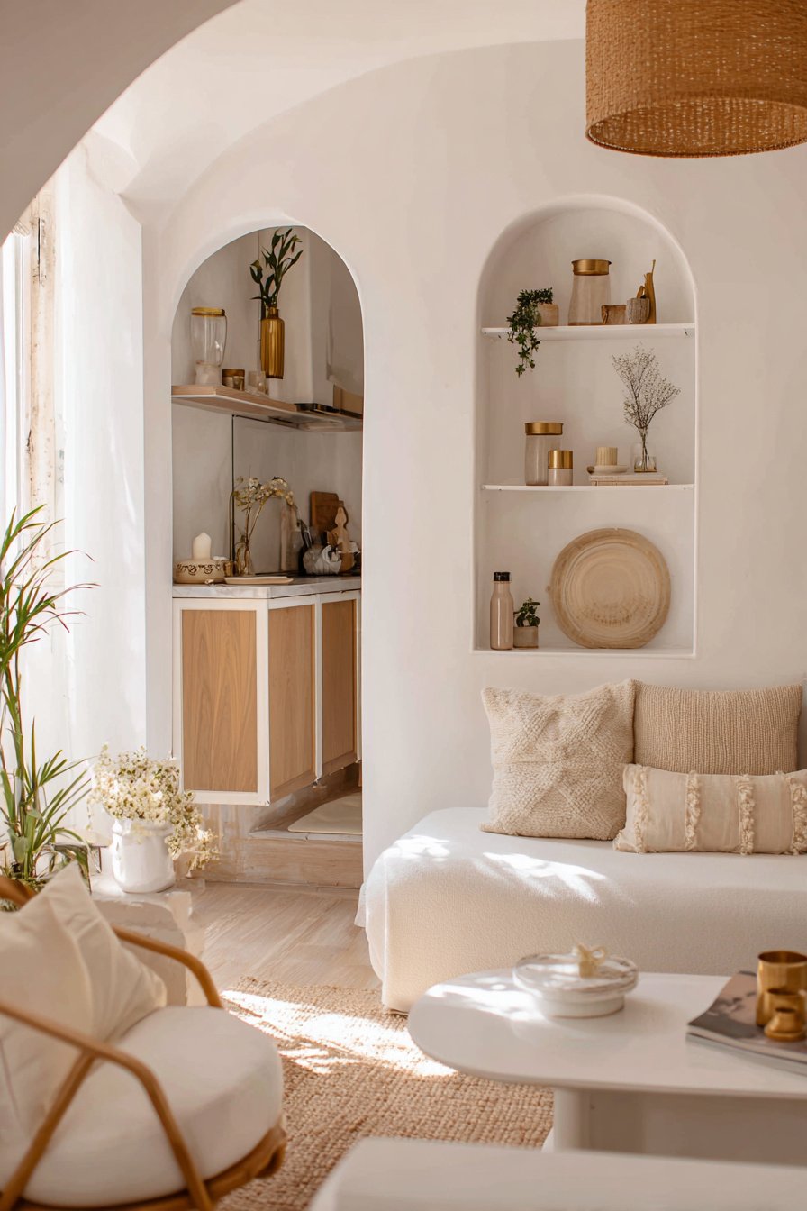 Helles, gemütliches kleines Wohnzimmer mit offener Küchenzeile und natürlichen Materialien