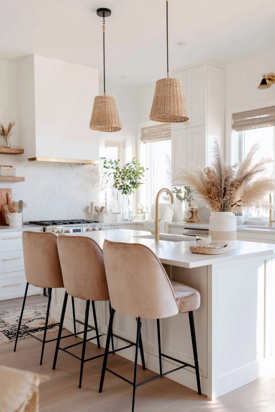 Helles kleines Wohnküchen-Design mit Barhockern, Kücheninsel und Naturdekoration